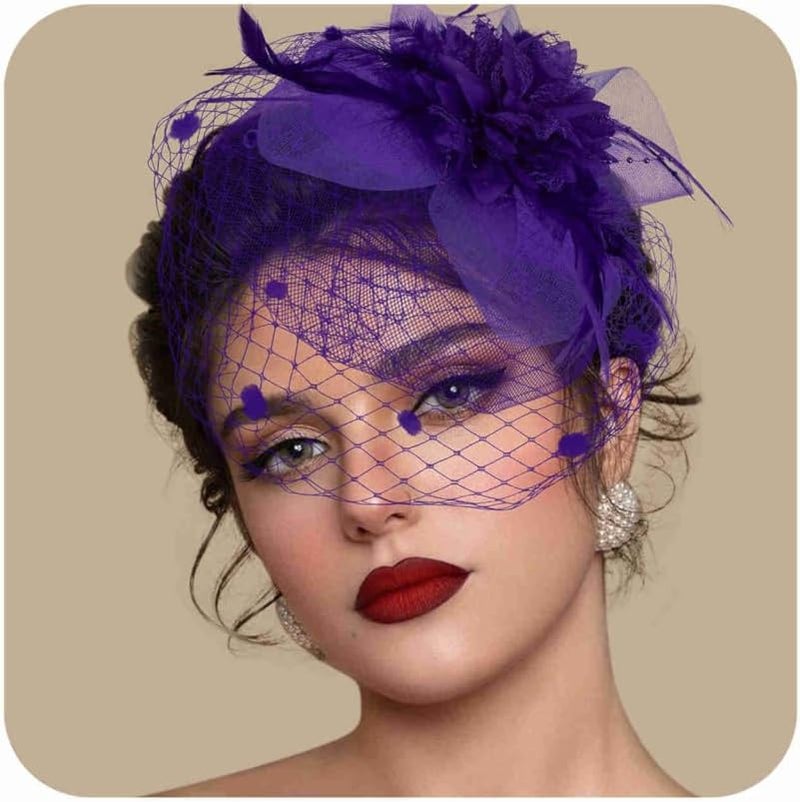 Masedy Fascinators Hats for Women Tea Party Hat Feather Mesh Headband Vintage Lace Cocktail Headwear Veil Hair Clip Church - Image 1